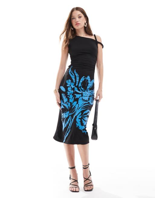 ASOS DESIGN – Asymetryczna sukienka midi ze skręconym ramiączkiem i kwiatowym motywem