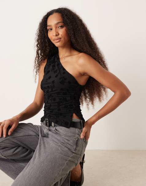 ASOS DESIGN flocked asymmetric flocked floral mesh top in black