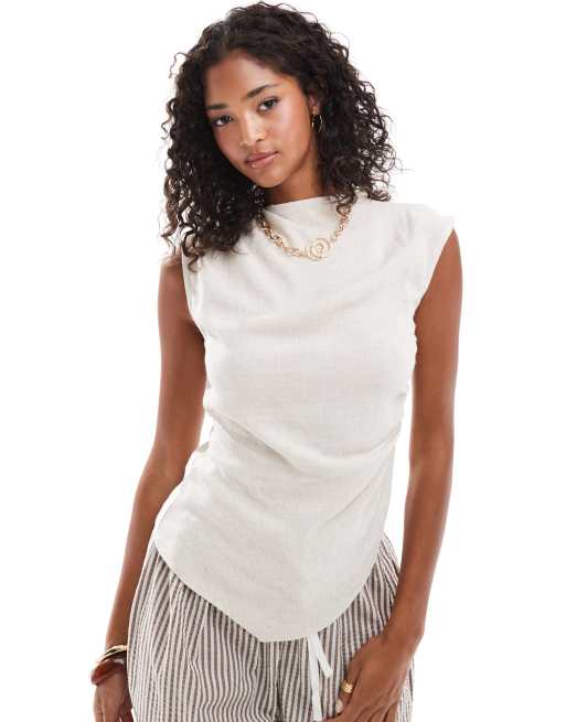 ASOS DESIGN – Asymetryczny elegancki top z domieszką lnu w naturalnym kolorze z drapowanym zabudowanym dekoltem