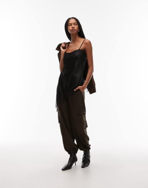 ASOS DESIGN satin lace trim asym cami top in black