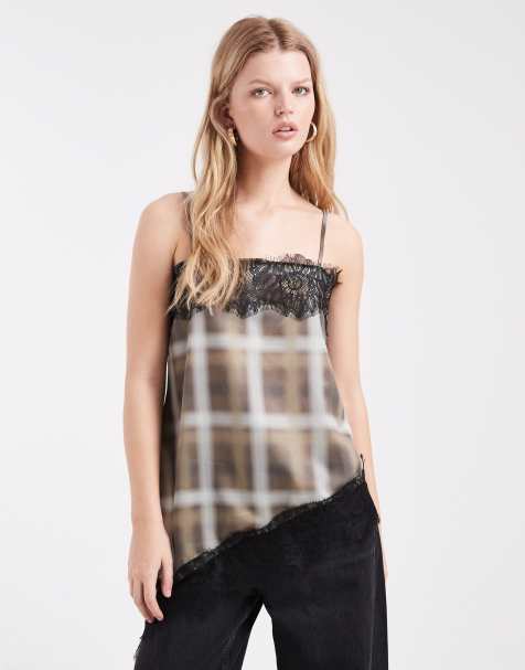 ASOS DESIGN – Asymetryczny satynowy top na ramiączkach w kratkę z koronkowym wykończeniem - view 1