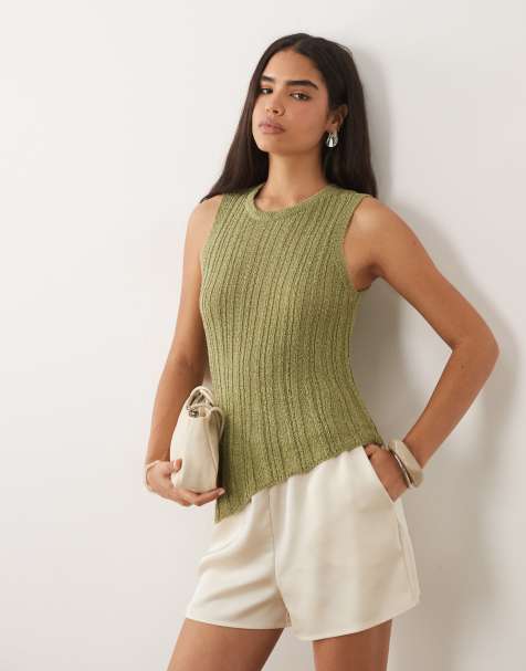 ASOS DESIGN – Asymetryczny top z dzianiny o drabinkowym splocie w kolorze khaki - view 1