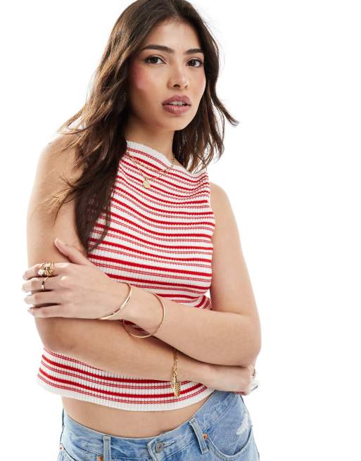 ASOS DESIGN – Asymetryczny top z marszczonej dzianiny w czerwone paski z kontrastowym wiązaniem