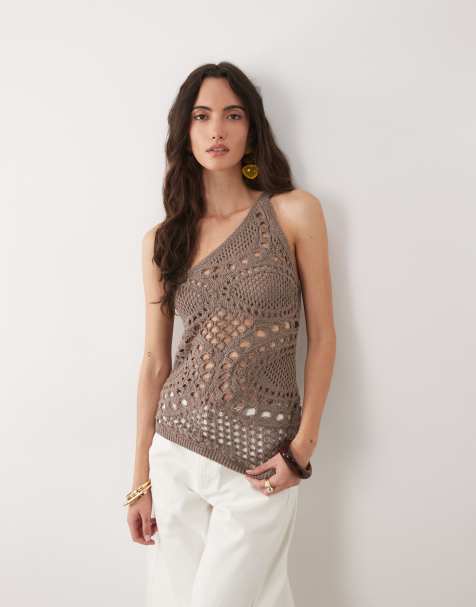 ASOS DESIGN – Asymetryczny top z szydełkowanej dzianiny w kolorze mokki - view 1