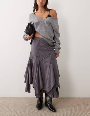 Asos Design Asymmetric And Seam Detail Midi Skirt In Gray