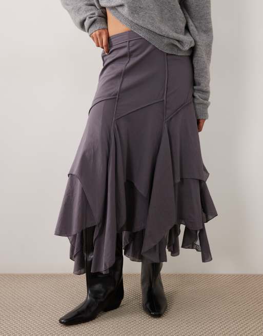 ASOS DESIGN asymmetric and seam detail midi skirt in charcoal, 3 of 5
