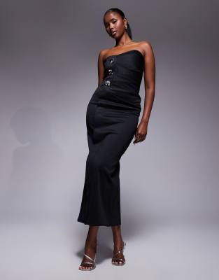 ASOS DESIGN asymmetric bandeau midi dress with gold buttons in black in scuba-style fabric