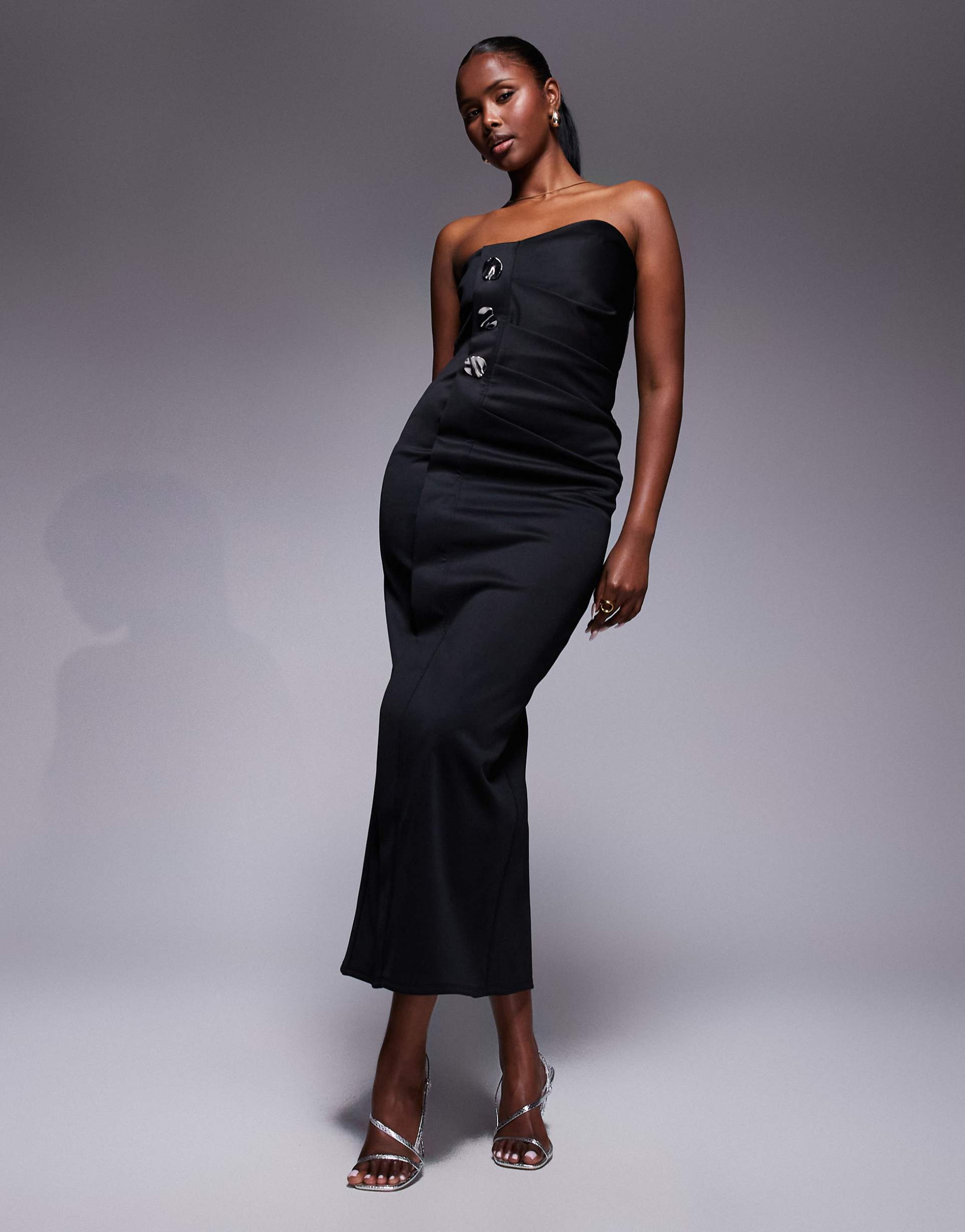 asos design asymmetric bandeau midi dress with gold buttons in black in scuba-style fabric