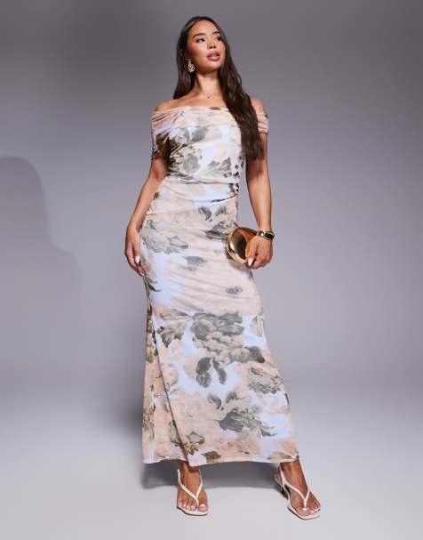 ASOS DESIGN asymmetric bardot mesh maxi dress in floral print - view 1