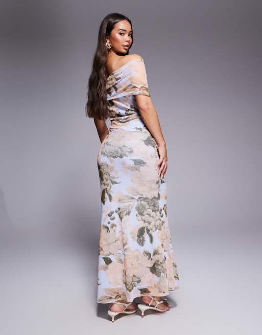 ASOS DESIGN asymmetric bardot mesh maxi dress in floral print