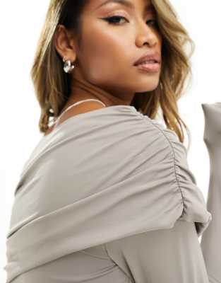 Asos Design Asymmetric Bardot Top In Neutral