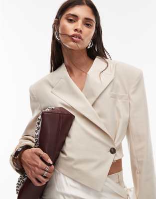 ASOS DESIGN asymmetric blouson blazer co ord in stone-Neutral