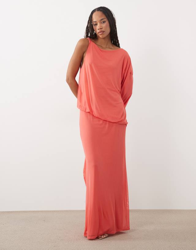 ASOS DESIGN asymmetric blouson mesh maxi dress with extreme sleeve in coral
