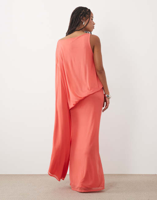 ASOS DESIGN asymmetric blouson mesh maxi dress with extreme sleeve in coral, 4 of 4