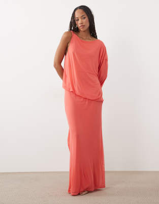 Asos Design Asymmetric Blouson Mesh Maxi With Extreme Sleeve In Pink