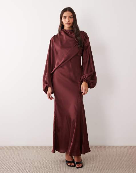 ASOS DESIGN asymmetric blouson sleeve satin maxi dress in burgundy - view 1