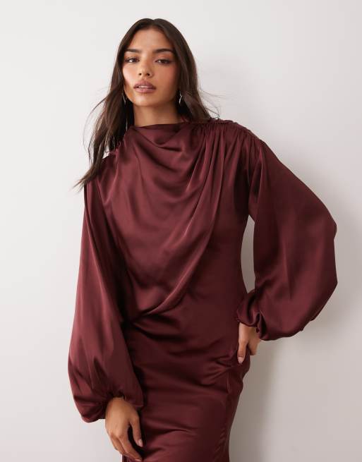 ASOS DESIGN asymmetric blouson sleeve satin maxi dress in burgundy, 2 of 4