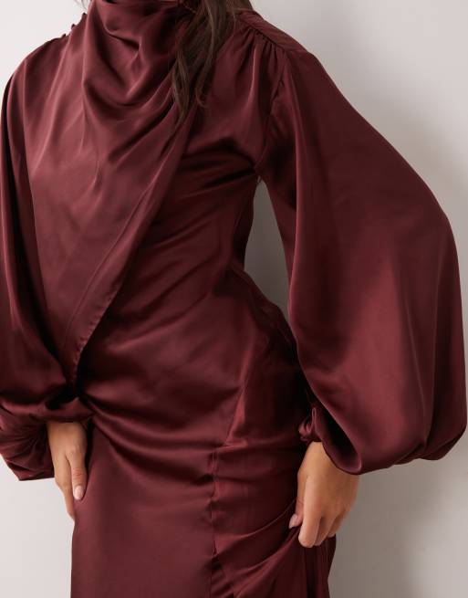 ASOS DESIGN asymmetric blouson sleeve satin maxi dress in burgundy, 3 of 4