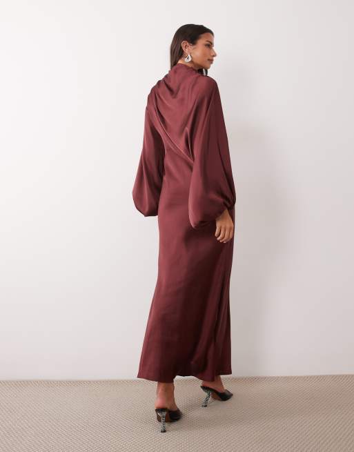 ASOS DESIGN asymmetric blouson sleeve satin maxi dress in burgundy, 4 of 4