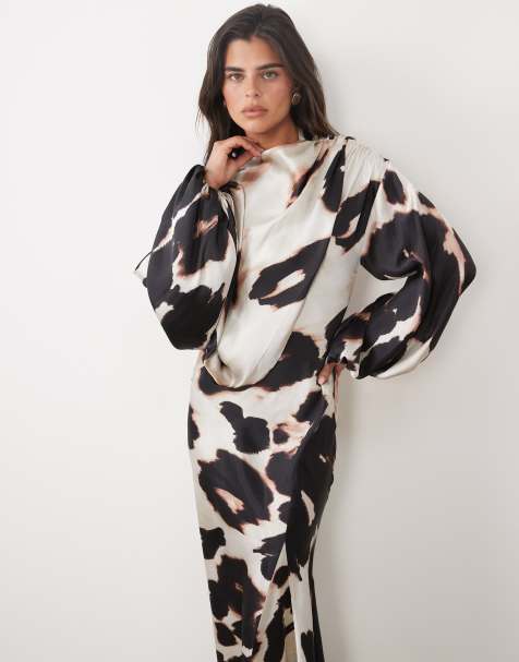 ASOS DESIGN asymmetric blouson sleeve satin maxi dress in mono animal print - view 1