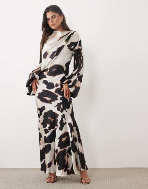 ASOS DESIGN asymmetric blouson sleeve satin maxi dress in mono animal print, 2 of 4