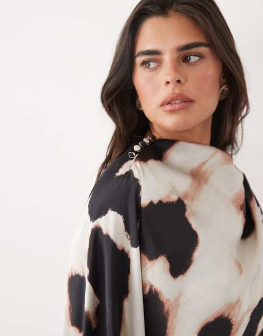 ASOS DESIGN asymmetric blouson sleeve satin maxi dress in mono animal print, 3 of 4