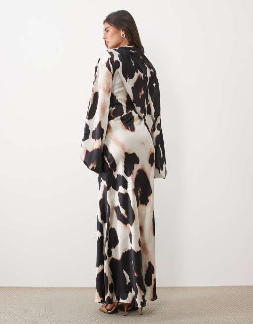 ASOS DESIGN asymmetric blouson sleeve satin maxi dress in mono animal print, 4 of 4