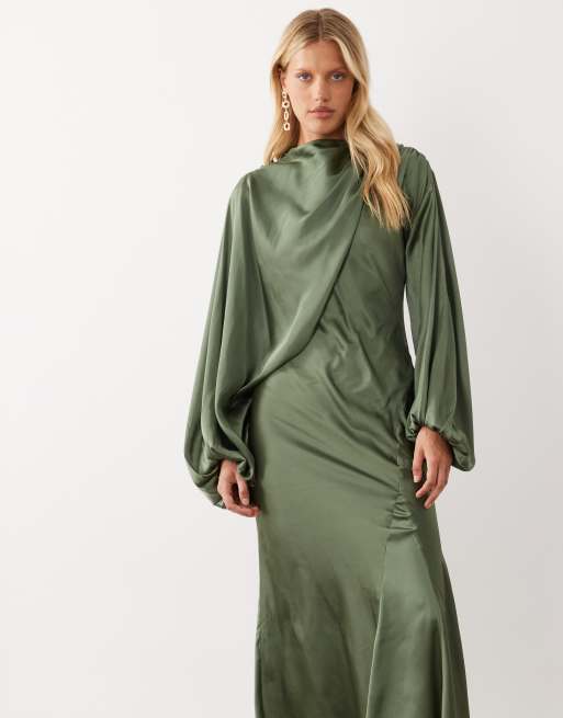 ASOS DESIGN asymmetric blouson sleeve satin maxi dress in olive green, 3 of 4