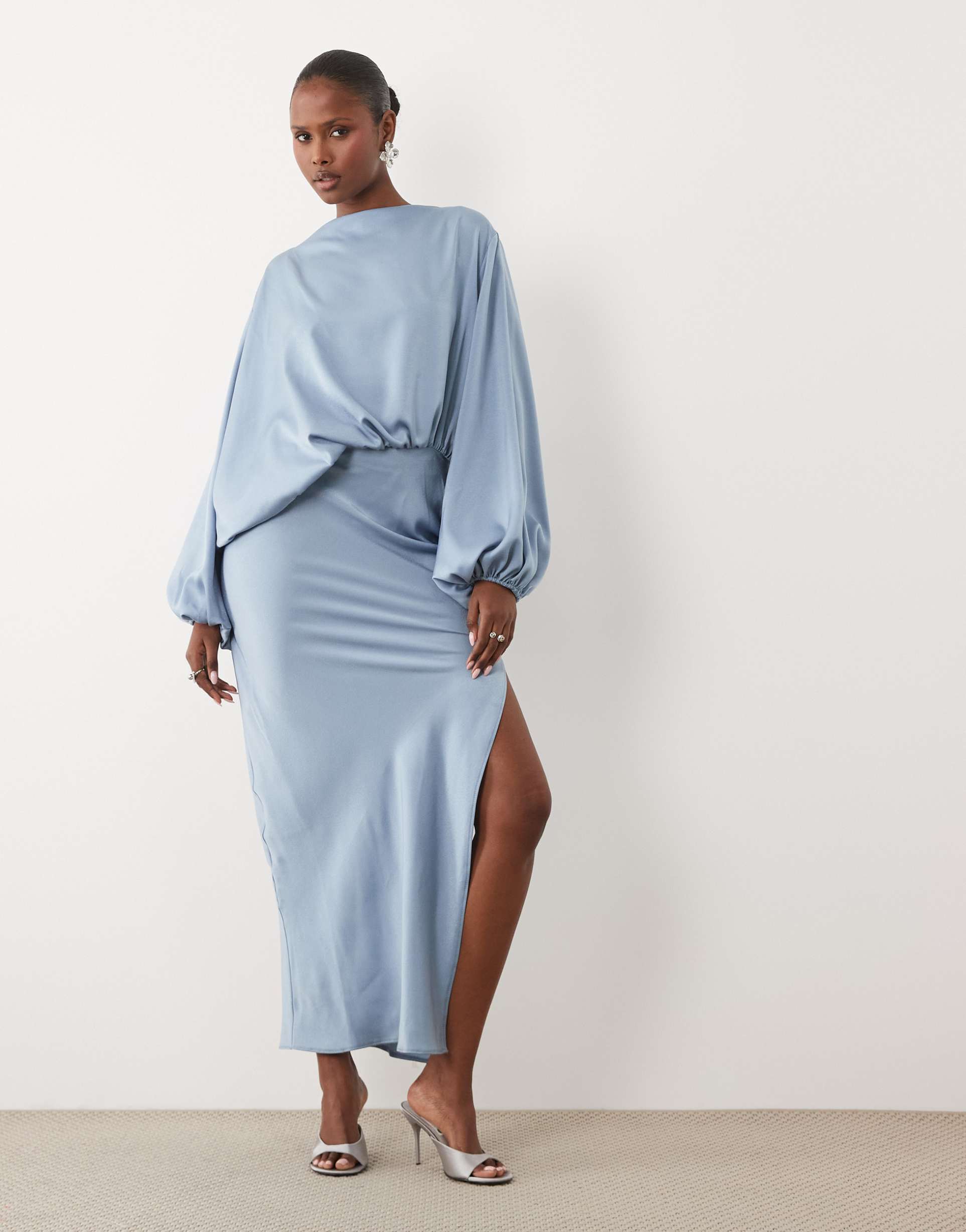 asos design asymmetric bodice midaxi dress with blouson sleeves in blue