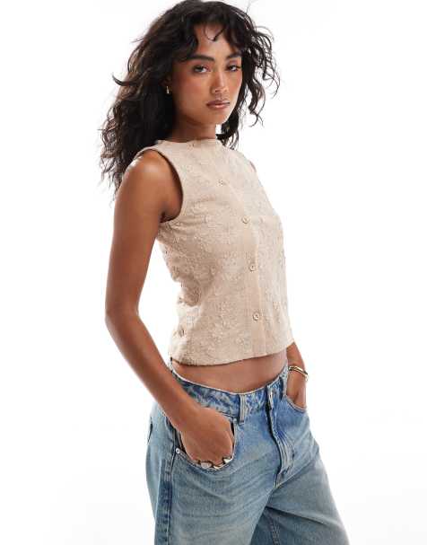 ASOS DESIGN asymmetric button through tank top in cream floral texture - view 1