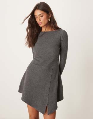 asos design asymmetric button up slash neck super soft mini dress in gray
