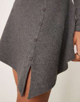 asos design asymmetric button up slash neck super soft mini dress in gray