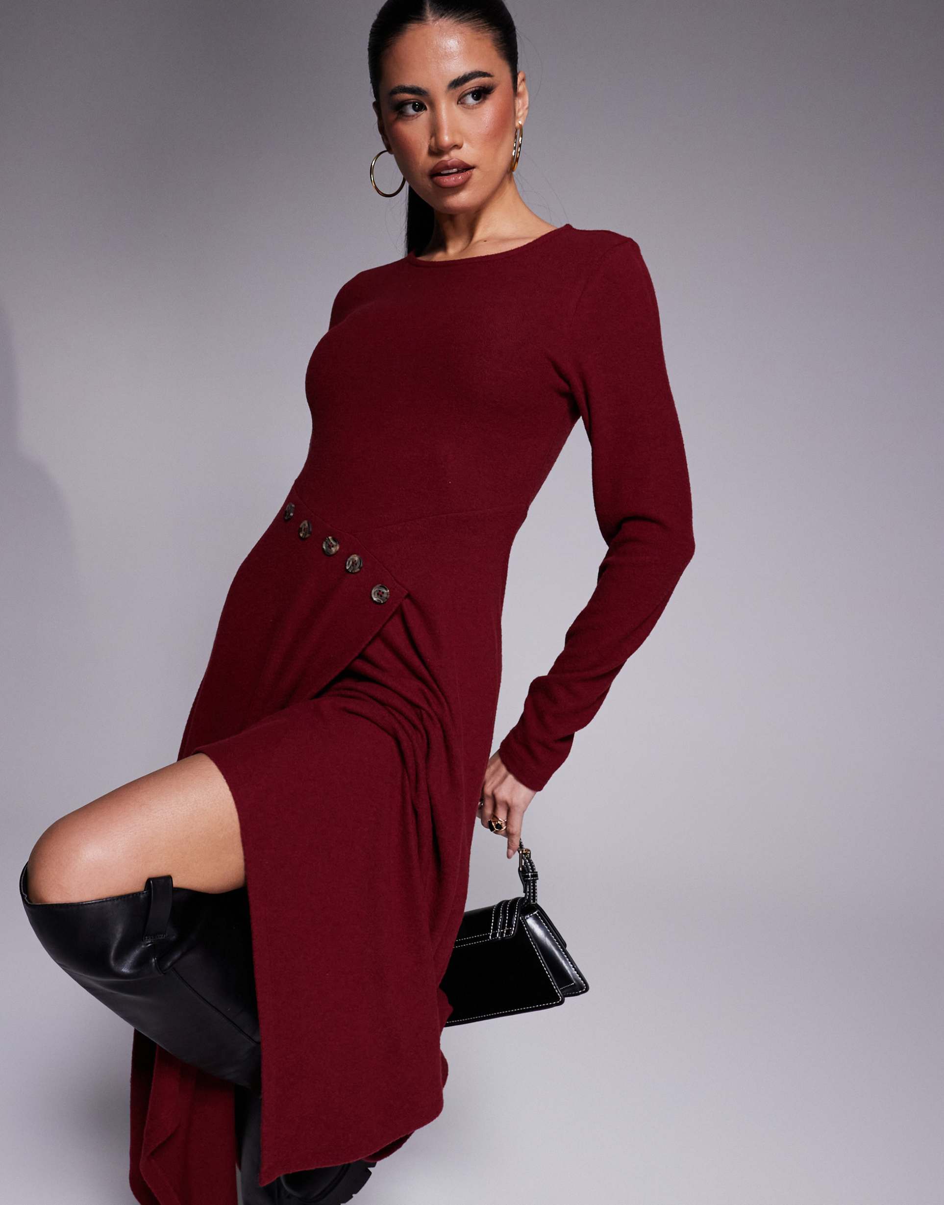 asos design asymmetric button wrap maxi dress in burgundy