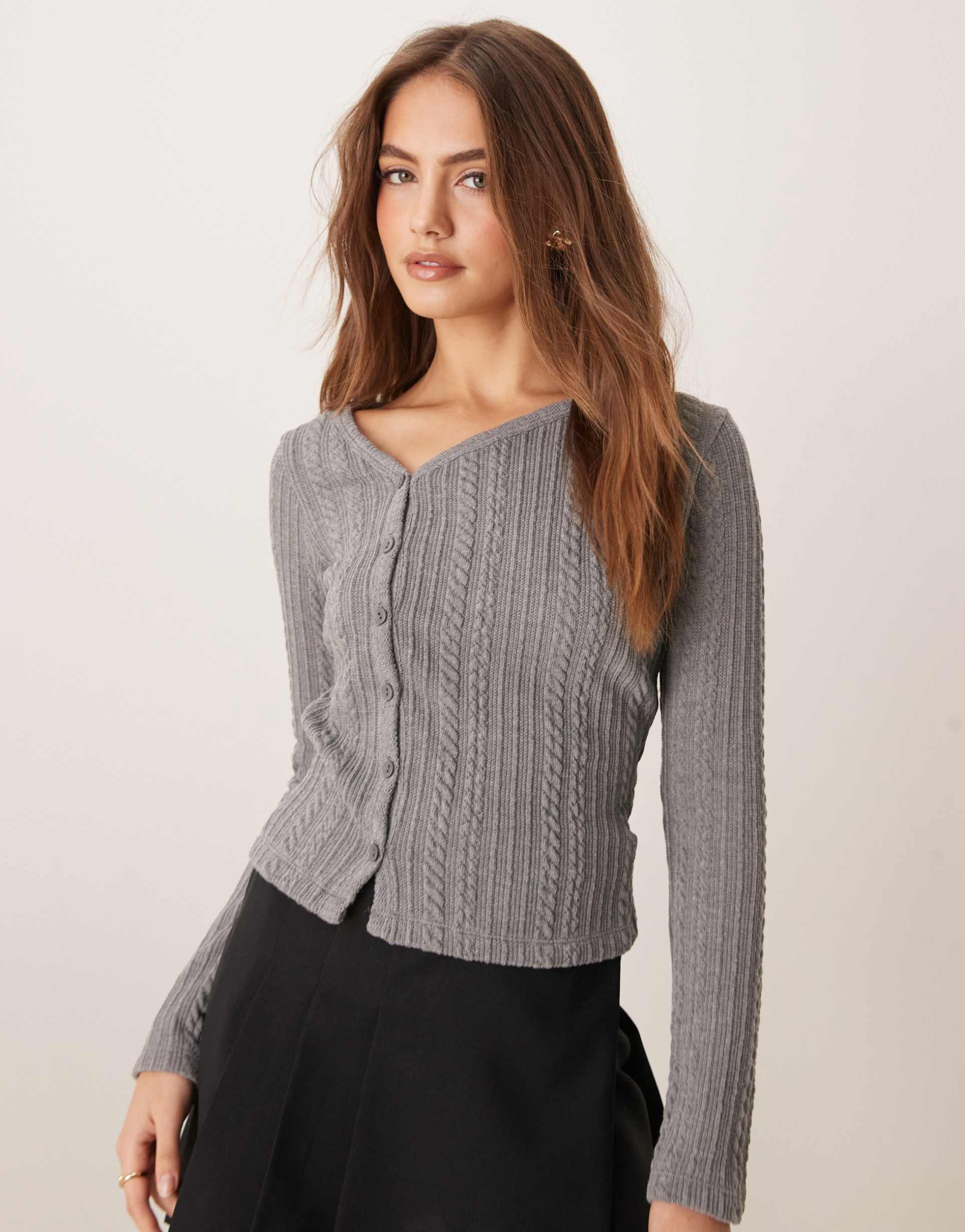 asos design asymmetric cable button through top in gray