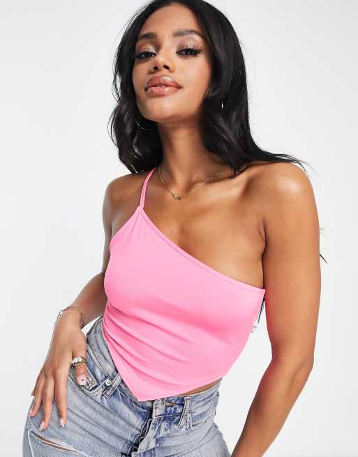 ASOS DESIGN shirred crop top with broderie straps in pink