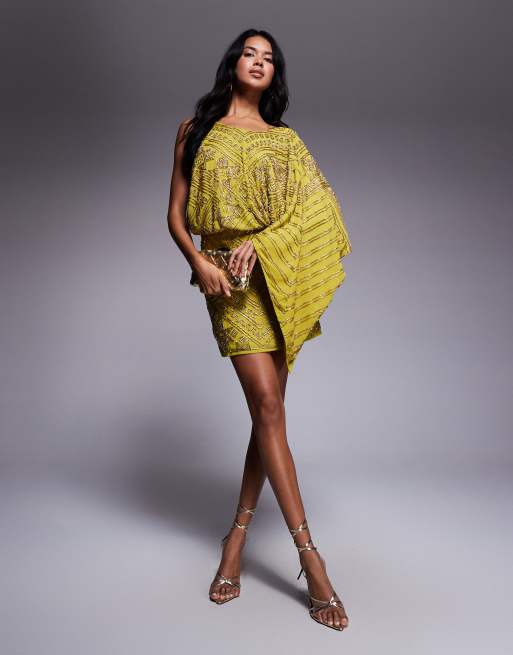 ASOS DESIGN asymmetric cape detail all over embellished mini dress in chartreuse, 2 of 4