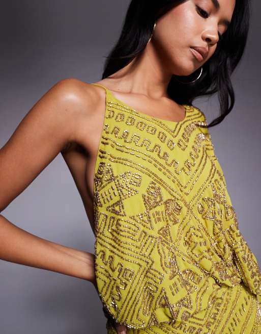 ASOS DESIGN asymmetric cape detail all over embellished mini dress in chartreuse, 3 of 4