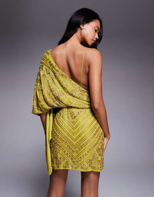 ASOS DESIGN asymmetric cape detail all over embellished mini dress in chartreuse, 4 of 4