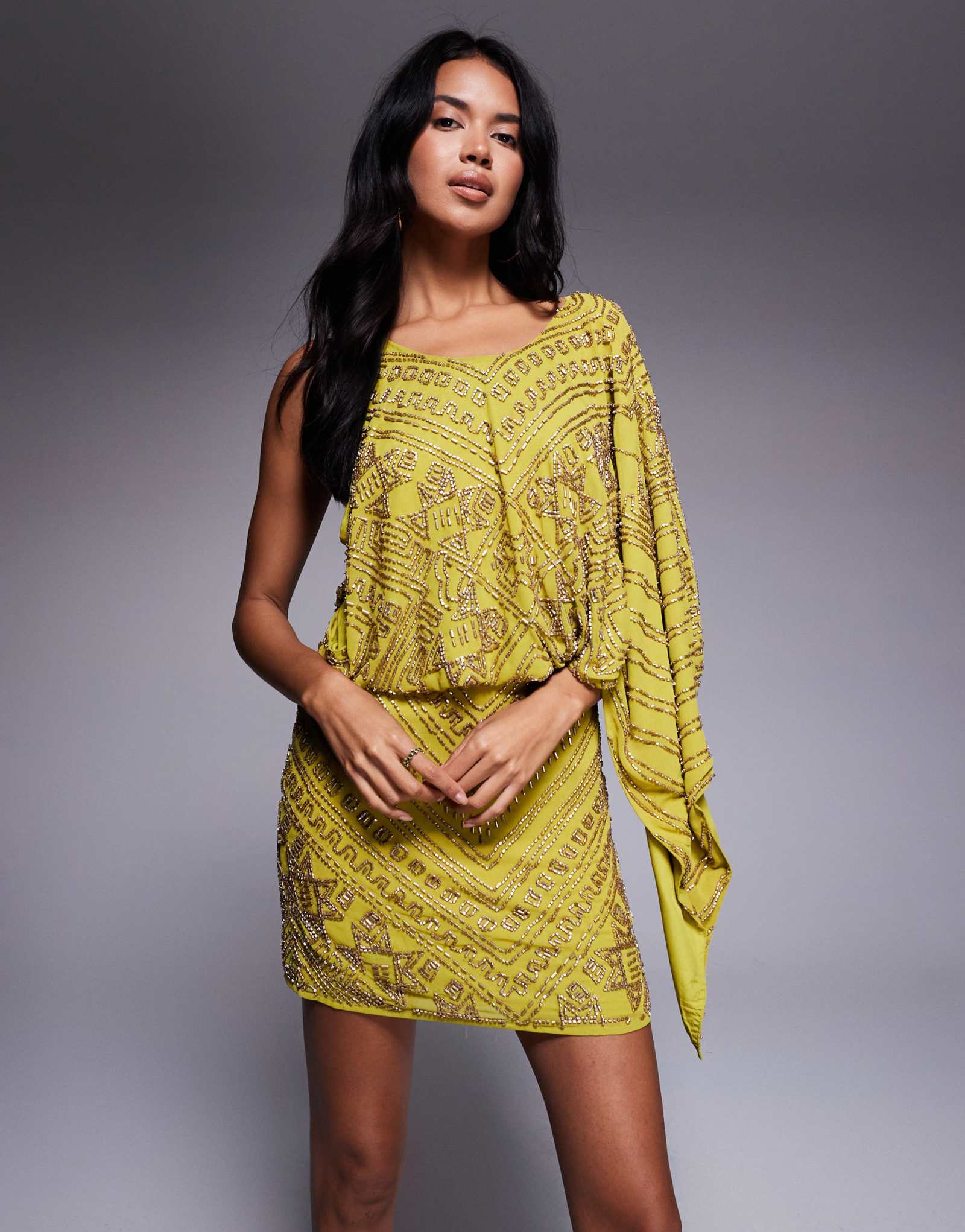 Мини-платье с асимметричной накидкой ASOS DESIGN, украшенное по всей длине шартрезовым узором