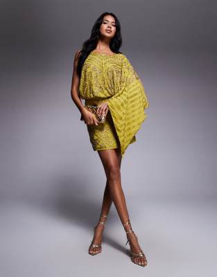 Asos Design Asymmetric Cape Detail Allover Embellished Mini Dress In Yellow