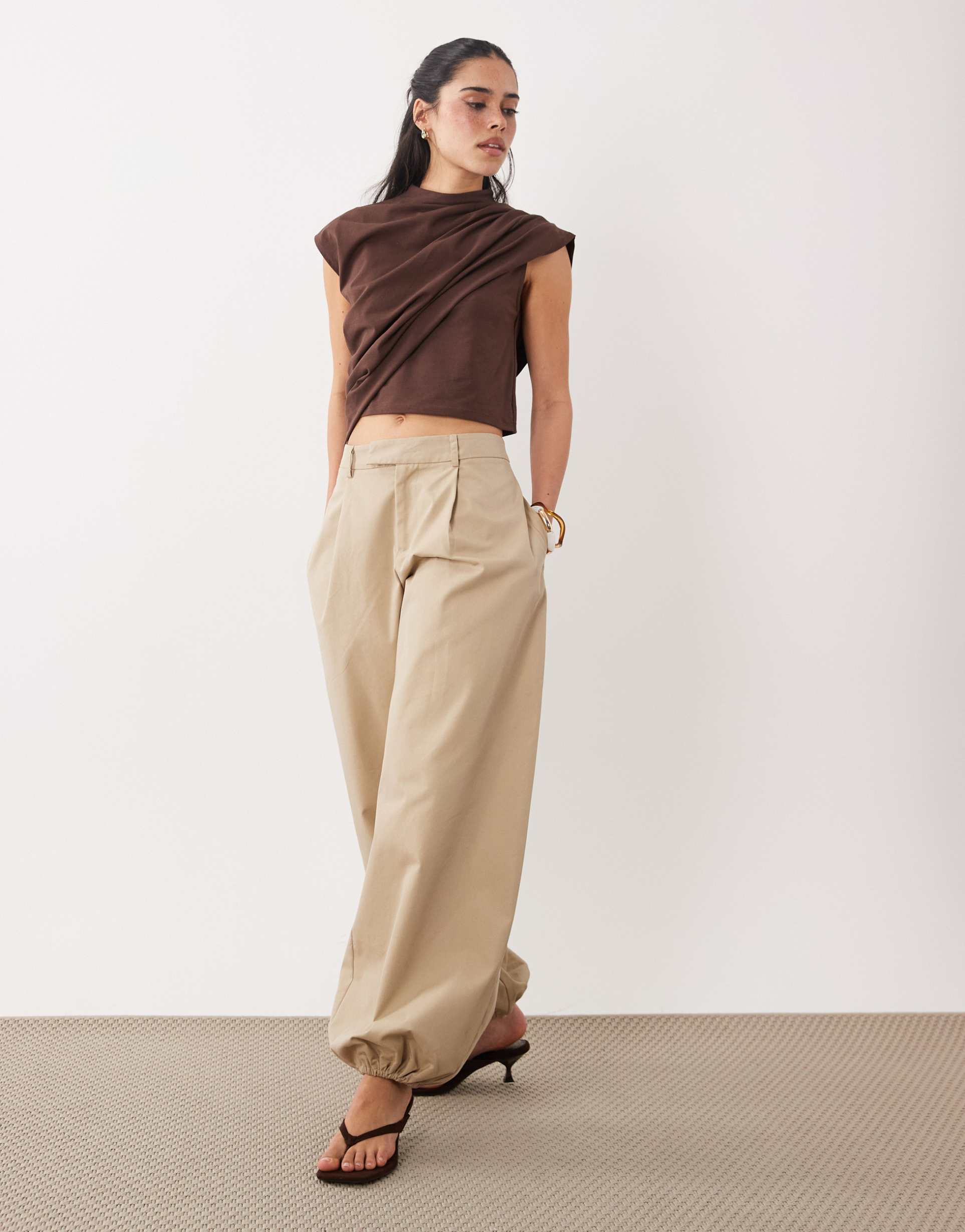 asos design asymmetric cape detail crop top in chocolate