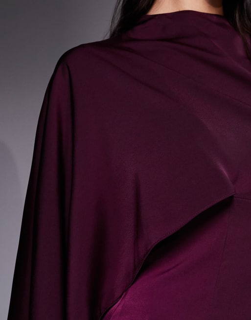 ASOS DESIGN asymmetric cape detail long sleeve maxi dress in plum, 2 of 4