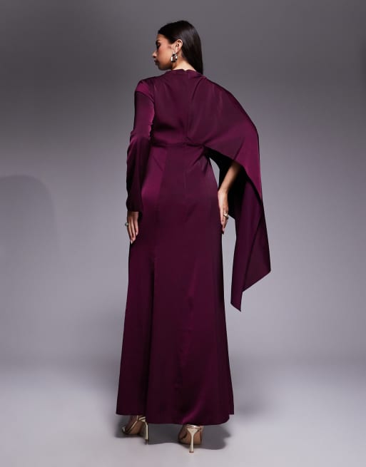 ASOS DESIGN asymmetric cape detail long sleeve maxi dress in plum, 4 of 4