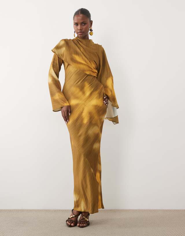 let me be blurred floral asymmetrical dress ASOS DESIGN asymmetric cape detail maxi with gathered waist in ochre & brown print Anthropologie