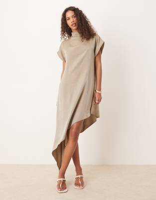 Asos Design Asymmetric Cape Slash Neck Midi Dress In Green Shimmer Satin
