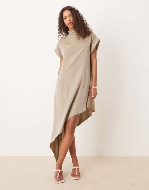 ASOS DESIGN asymmetric cape slash neck midi dress in green shimmer satin - view 1