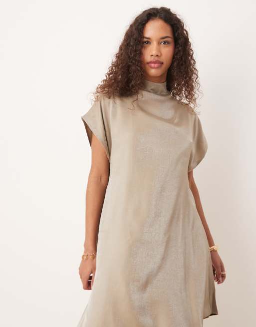 ASOS DESIGN asymmetric cape slash neck midi dress in green shimmer  