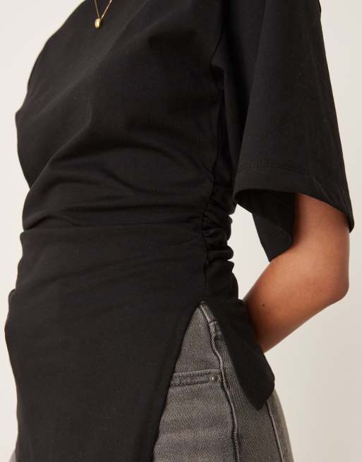 ASOS DESIGN asymmetric cinched t-shirt in black