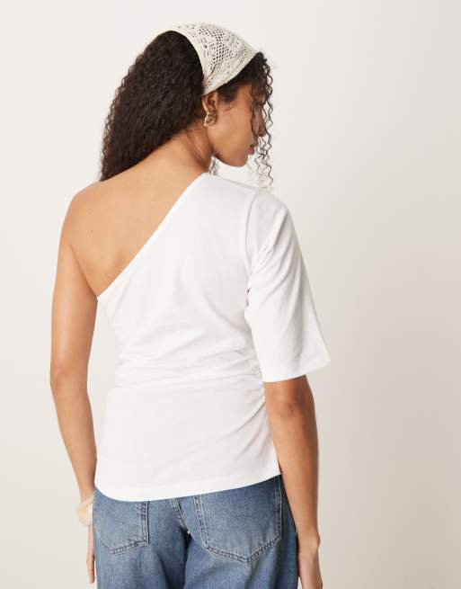 ASOS DESIGN asymmetric cinched t-shirt in white, 3 of 4