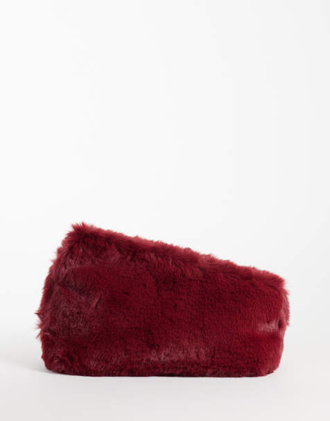 ASOS DESIGN asymmetric clutch in burgundy faux fur - view 1